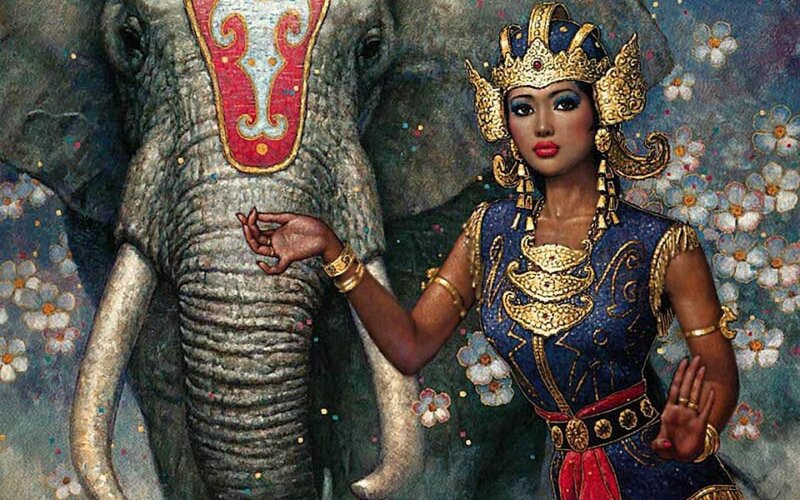 Woman with Elephant — Blue, Dramatic, Digital Art