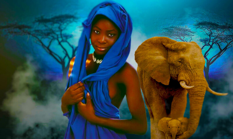 Woman with Elephant — Blue, Dramatic, Night