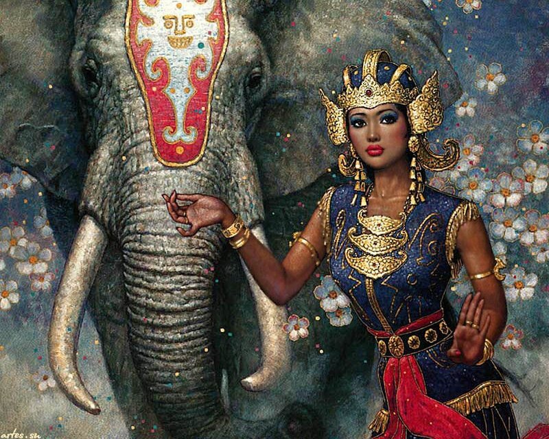 Woman with Elephant — Blue, Dramatic