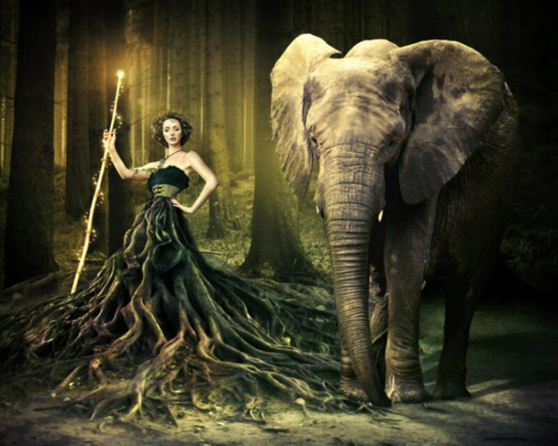 Woman with Elephant — Green, Dramatic