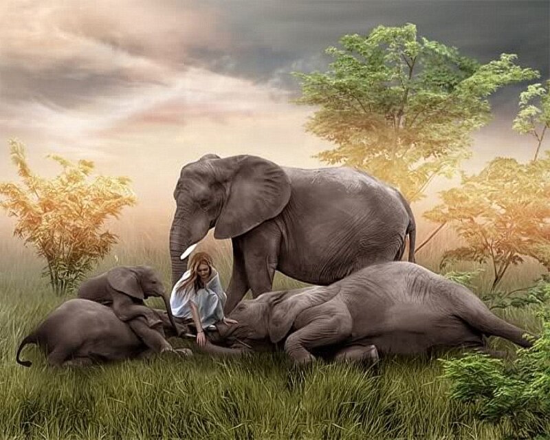 Woman with Elephants — Green