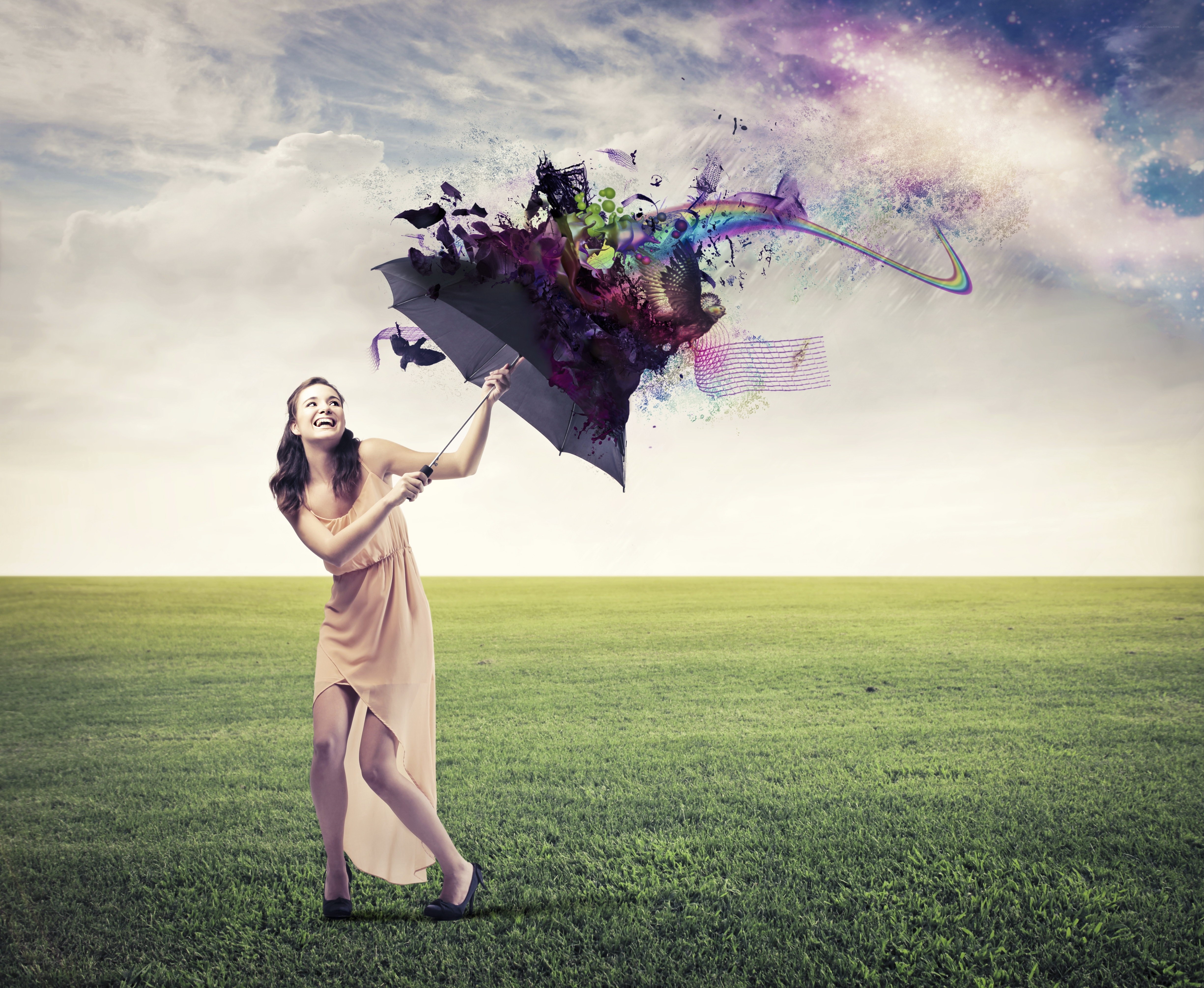 woman with exploding umbrella