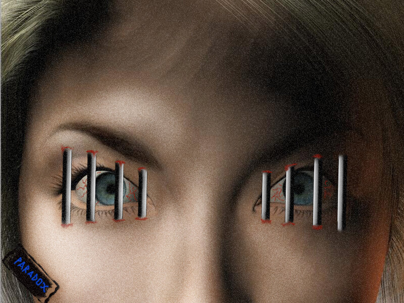 woman with eyes behind bars