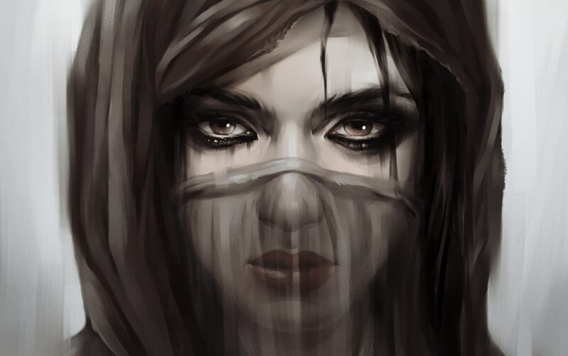 Woman with Face Covering — Gray, Dramatic