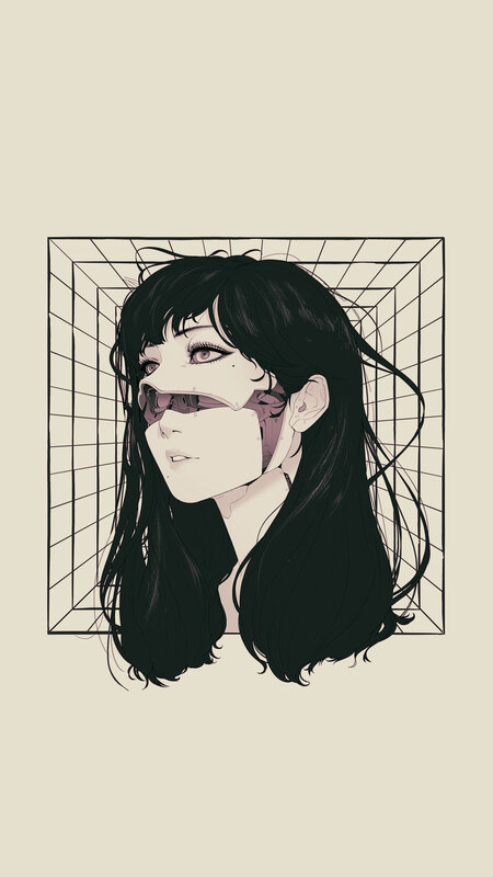 Woman with Face Mask — Black, Dramatic, Digital Art