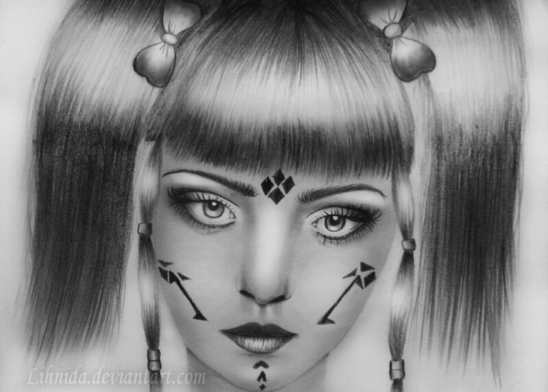 Woman with Face Paint — Black, Dramatic, Digital Art, Pigtails