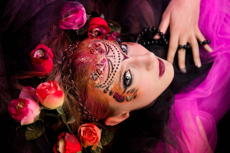 Woman with Face Paint — Black, Dramatic, Photograph, Roses