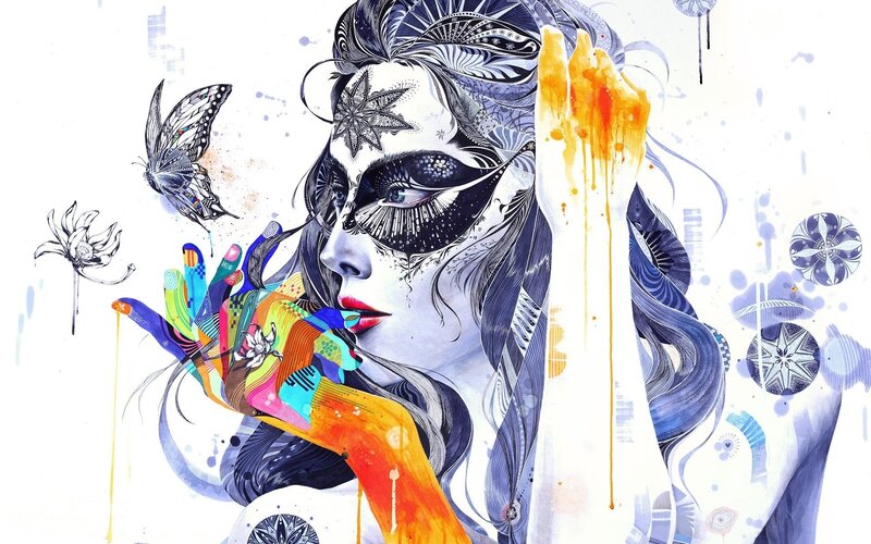 Woman with Face Paint — Blue, Dramatic, Digital Art, Butterfly, Lotus Flower