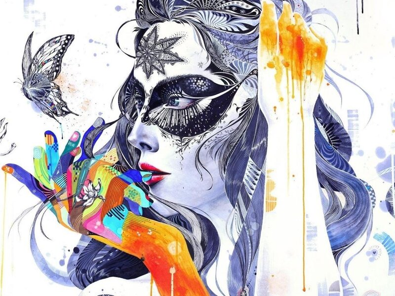 Woman with Face Paint — Blue, Dramatic, Digital Art, Butterfly