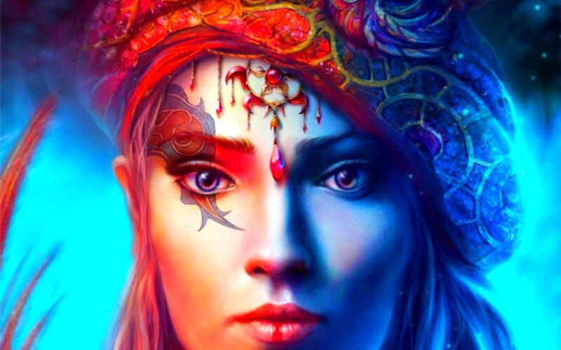 Woman with Face Paint — Blue, Dramatic, Digital Art, Face Paint