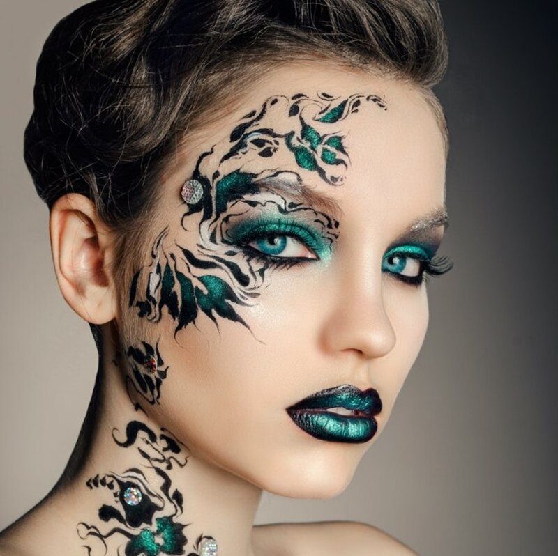 Woman with Face Paint — Green, Dramatic, Photograph, Makeup, Jewels