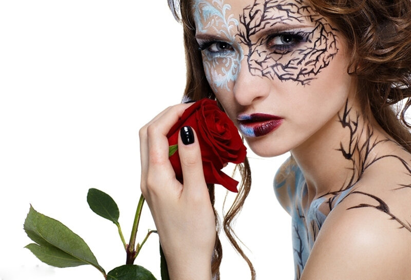 Woman with Face Paint — Red, Dramatic, Photograph