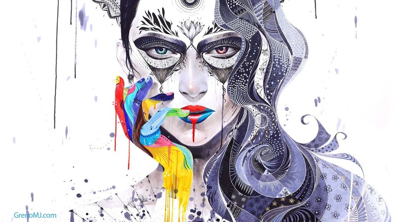 Woman with Face Paint — White, Dramatic, Digital Art, Face Paint, Colorful Hand
