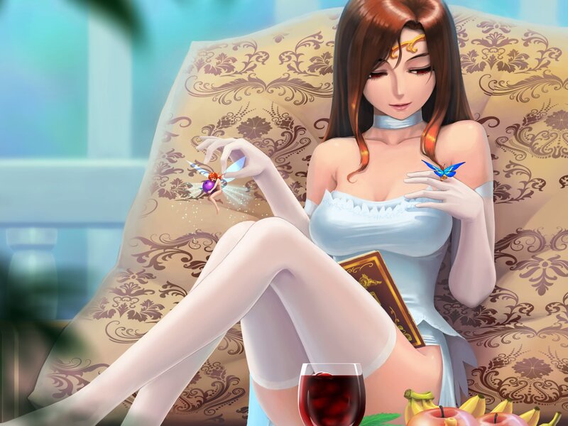 woman with fairies and wine