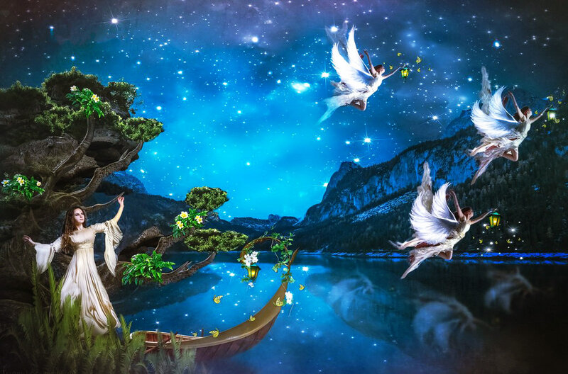 Woman with Fairies at Night