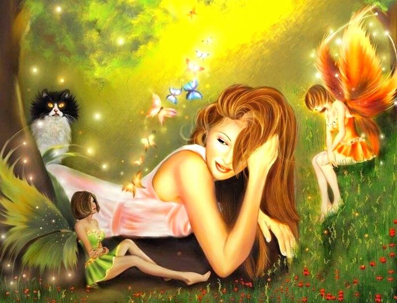 Woman with Fairies — Green, Serene