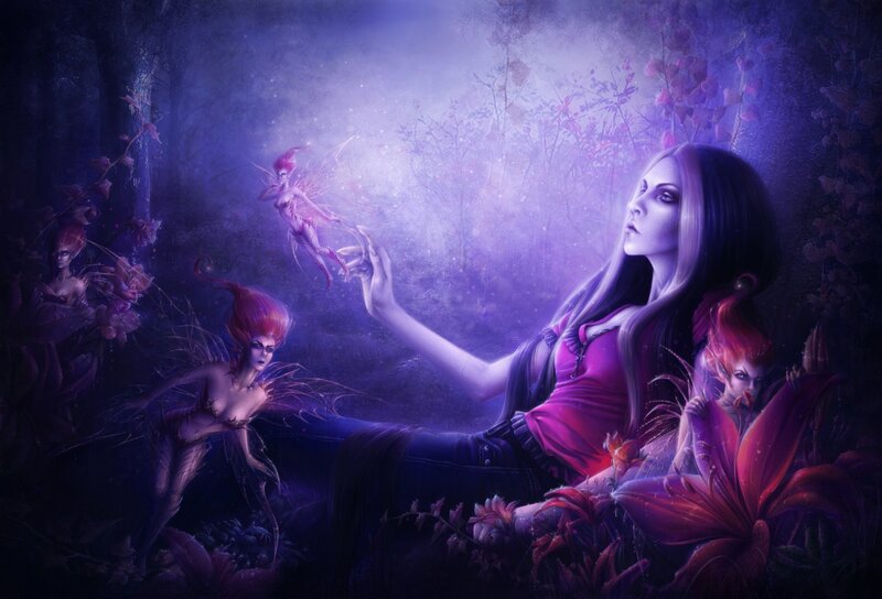 Woman with Fairies in Forest — Purple, Mystical, Night