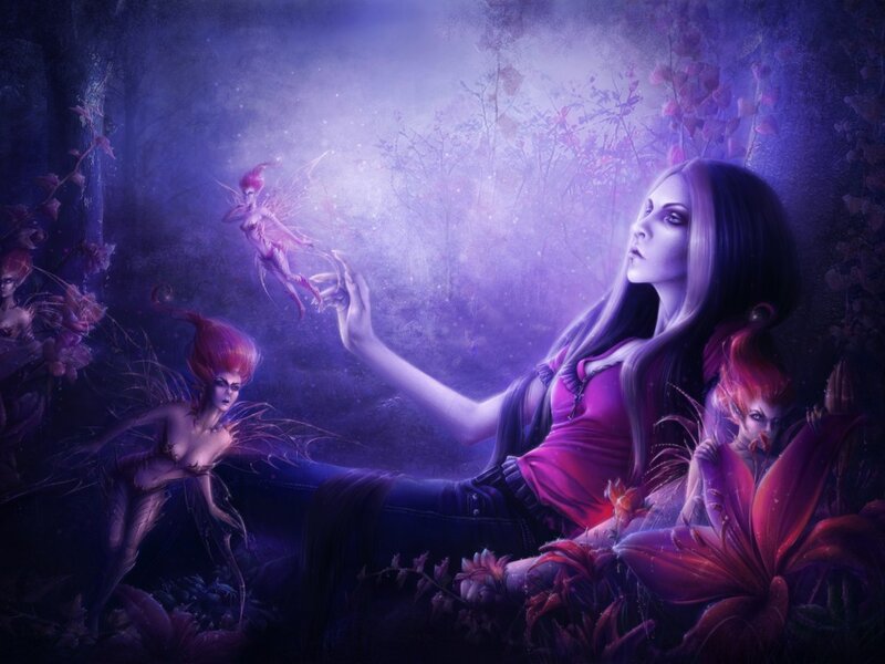 Woman with Fairies in Forest — Purple
