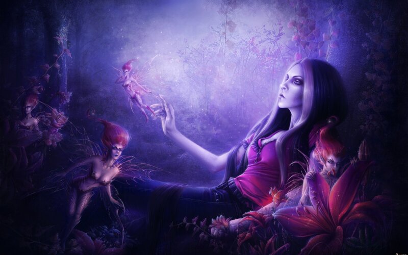 Woman with Fairies in Forest