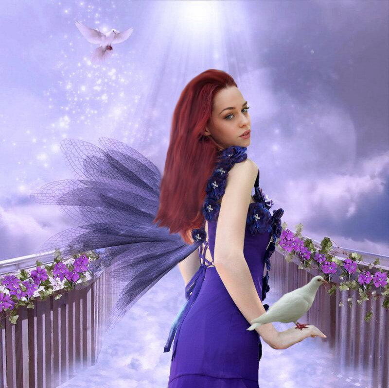 woman with fairy wings and doves