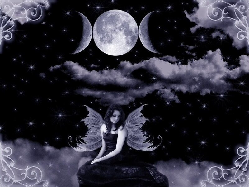Woman with Fairy Wings — Black, Dreamy, Night, Digital Art, Moon Phases, Stars