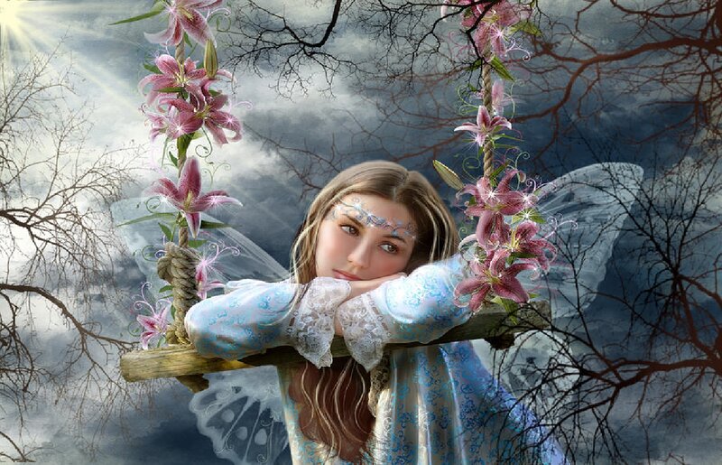 Woman with Fairy Wings — Blue, Dreamy, Digital Art