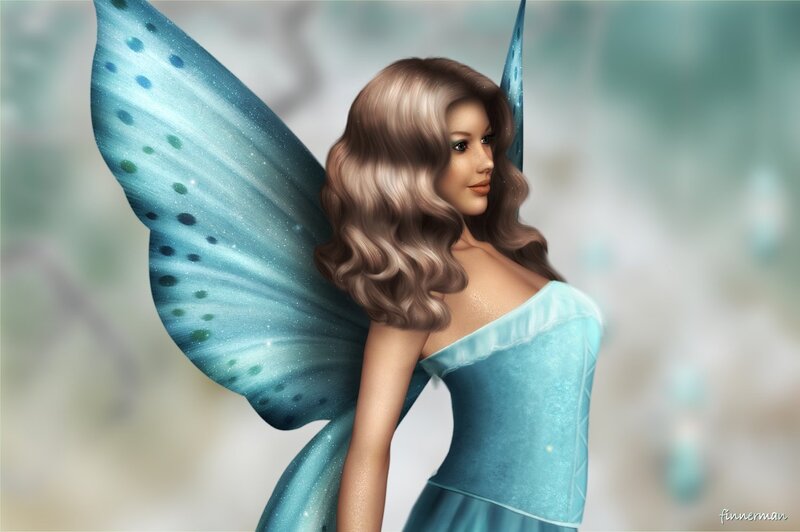 Woman with Fairy Wings — Blue, Serene, Digital Art