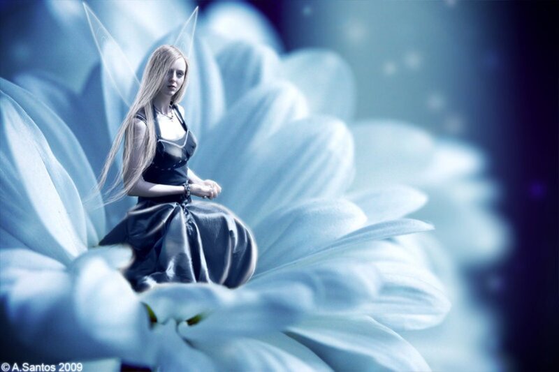 Woman with Fairy Wings — Blue, Serene, Night, Digital Art, Flower, Dress
