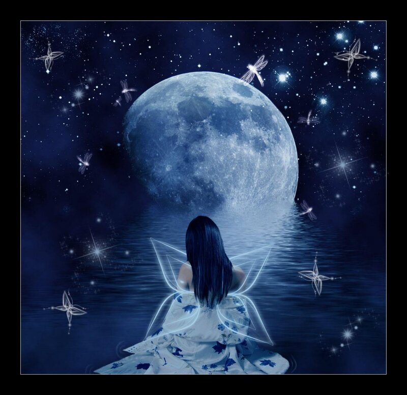 Woman with Fairy Wings — Blue, Serene, Night, Digital Art, Moon, Stars, Water