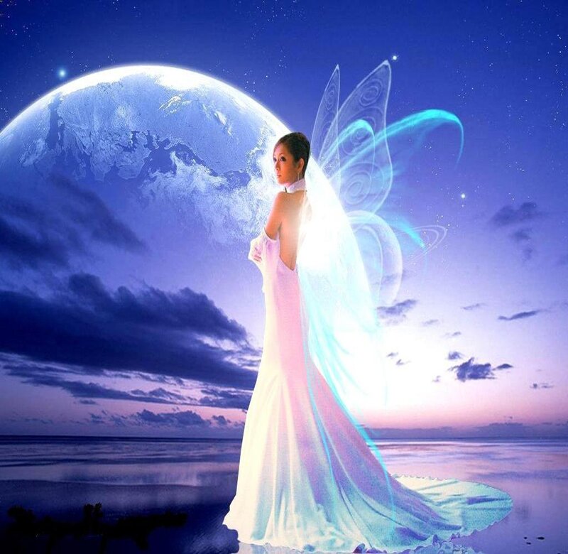 Woman with Fairy Wings — Blue, Serene, Night, Digital Art, Moon