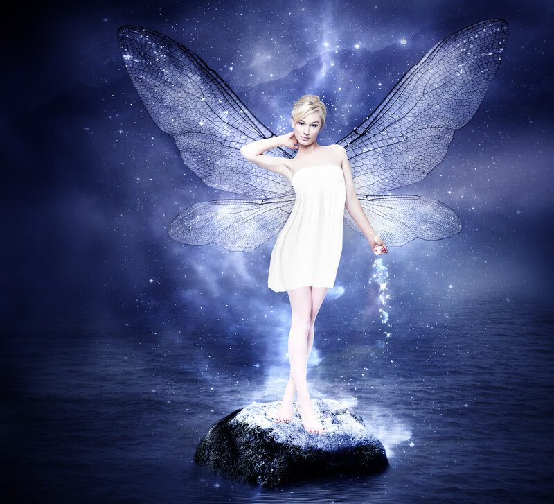 Woman with Fairy Wings — Blue, Serene, Night, Digital Art, Rock