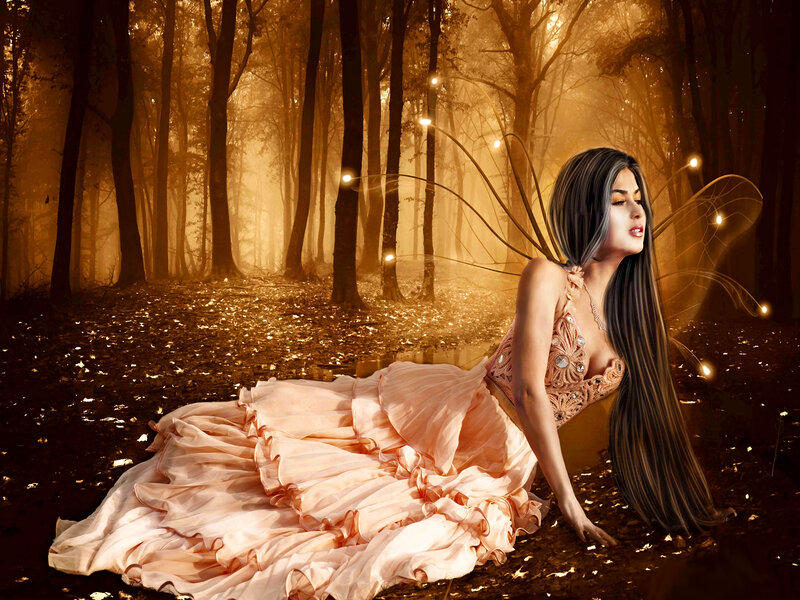 Woman with Fairy Wings — Gold, Serene, Sunset