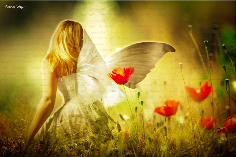 Woman with Fairy Wings — Green, Serene, Afternoon, Digital Art, Flowers, Grass
