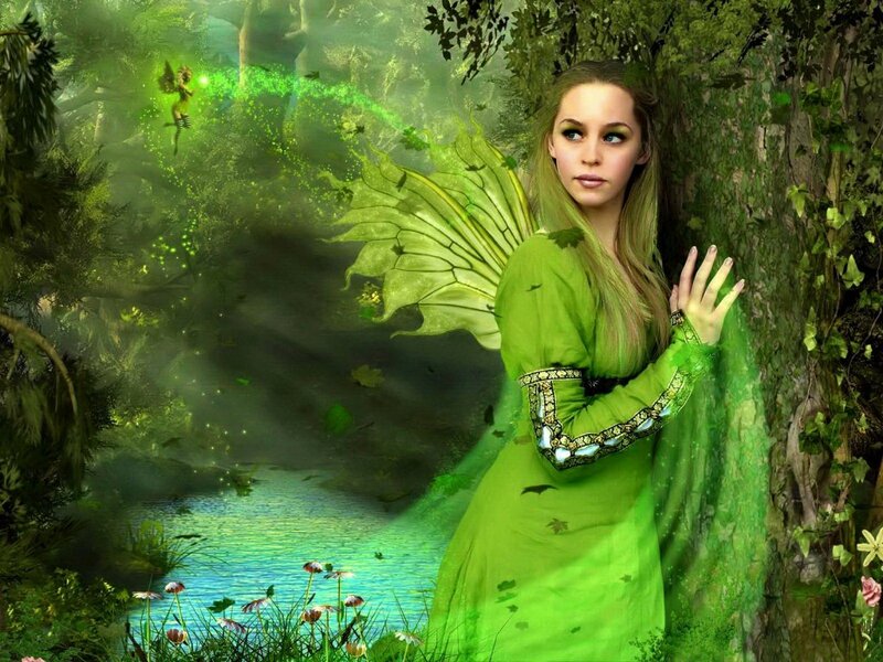 Woman with Fairy Wings — Green, Serene, Afternoon, Digital Art, Forest, River