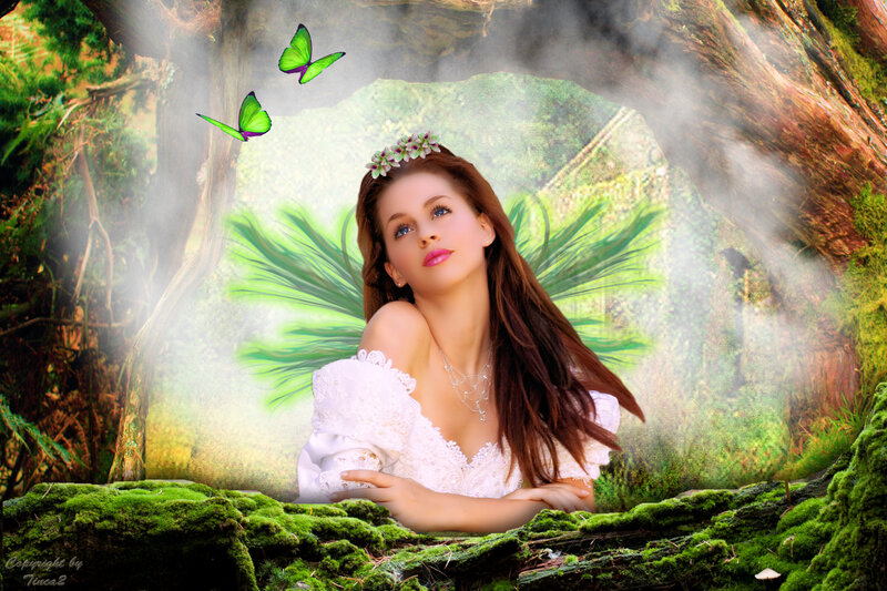 Woman with Fairy Wings — Green, Serene, Digital Art, Butterflies