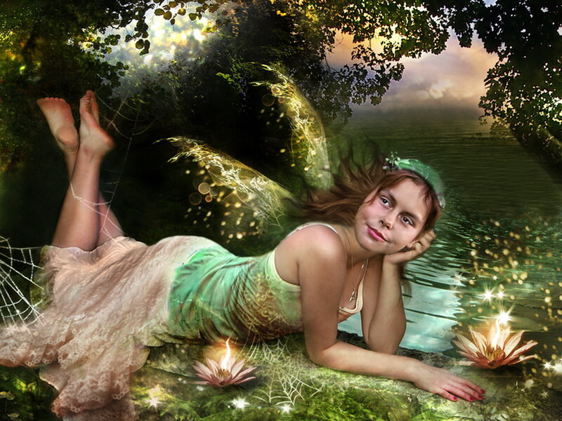 Woman with Fairy Wings — Green, Serene, Sunset