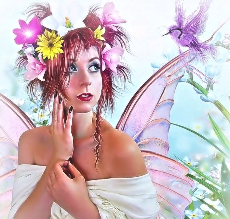 Woman with Fairy Wings — Pink, Serene, Spring, Digital Art