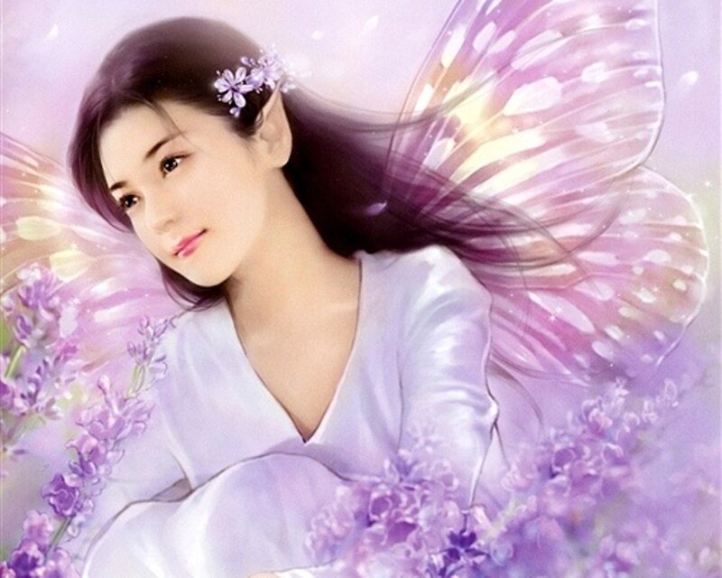 Woman with Fairy Wings — Purple, Serene, Digital Art, Flowers