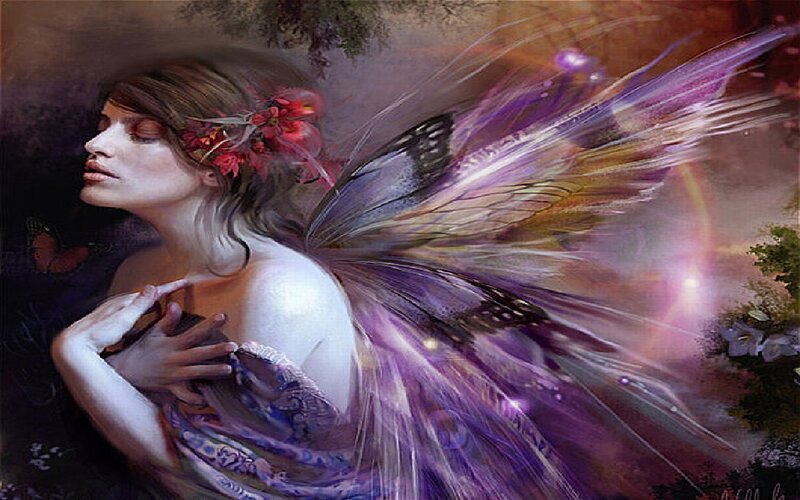 Woman with Fairy Wings — Purple, Serene, Night, Digital Art, Flowers