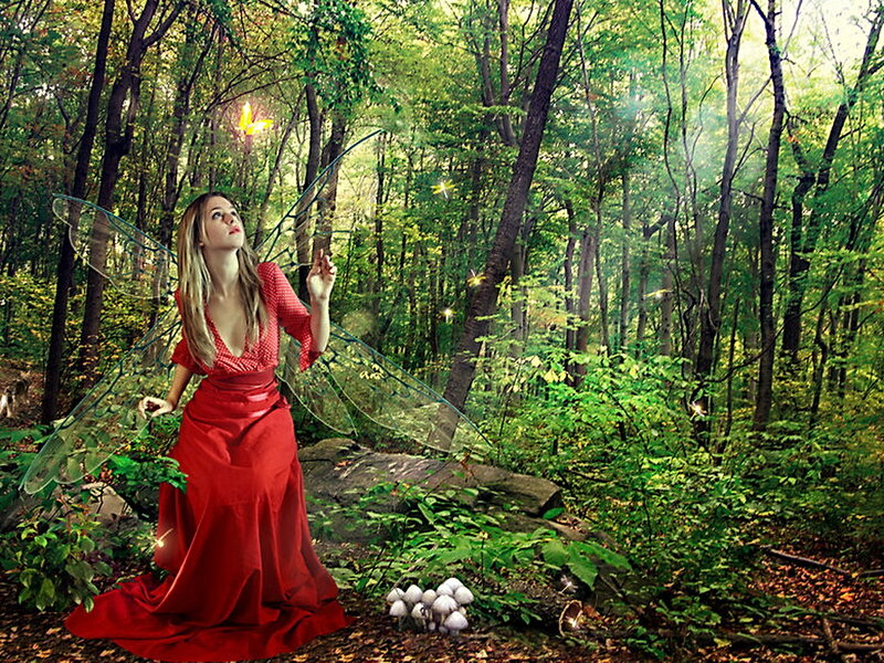 Woman with Fairy Wings — Red, Serene, Afternoon