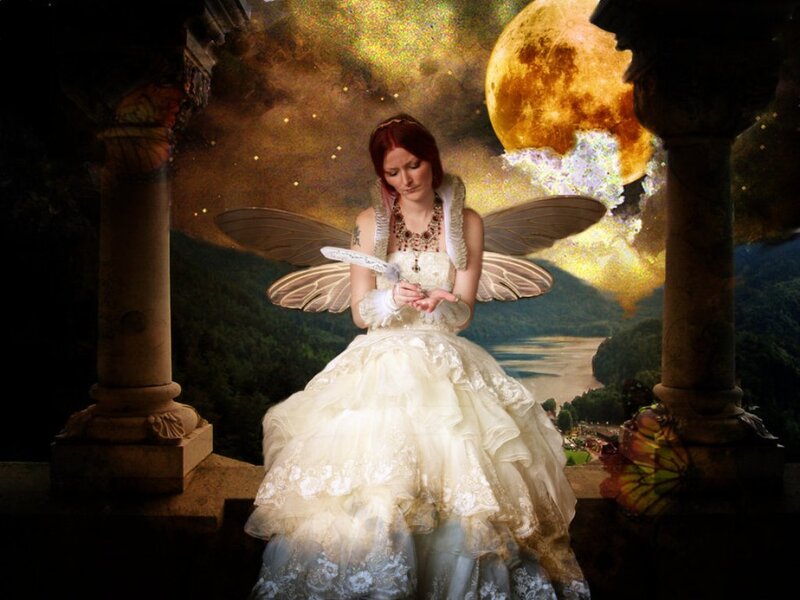 Woman with Fairy Wings — White, Dramatic