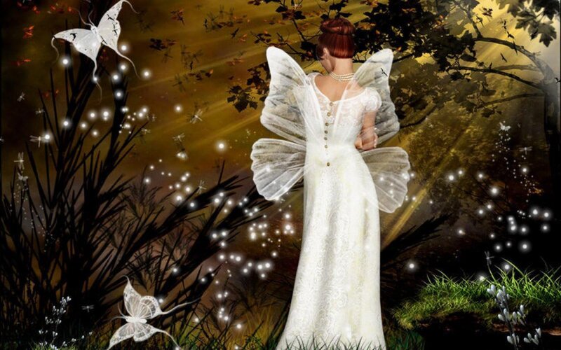 Woman with Fairy Wings — White, Serene, Sunset, Digital Art