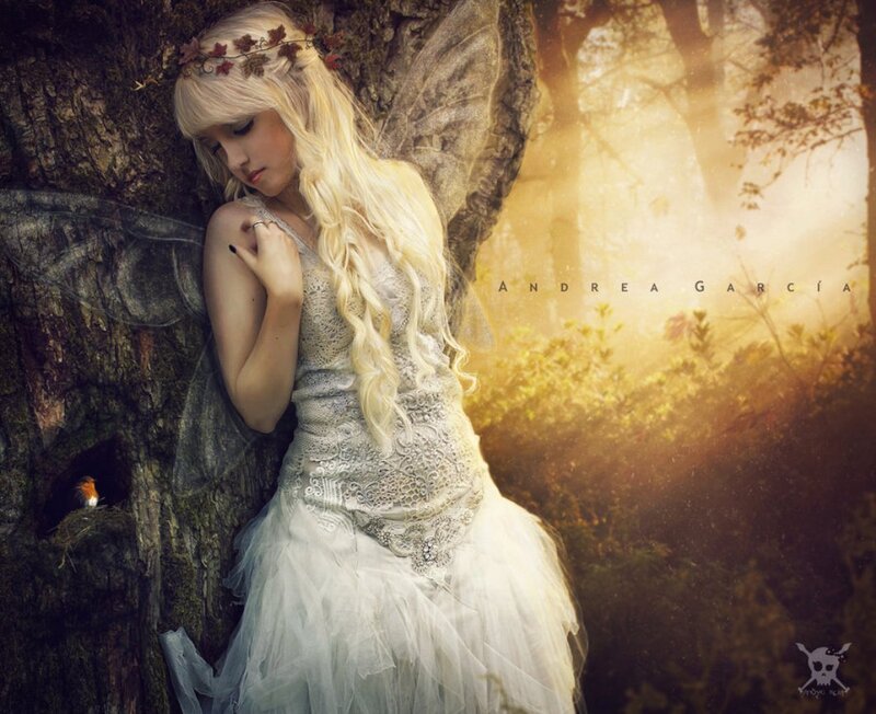 Woman with Fairy Wings — White, Serene, Sunset, Digital Art, Tree