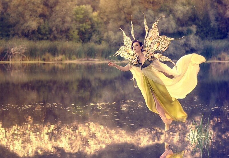 Woman with Fairy Wings — Yellow, Serene, Sunset