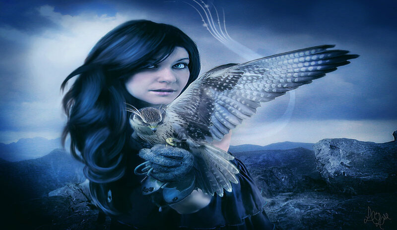 Woman with Falcon — Blue, Dramatic, Night