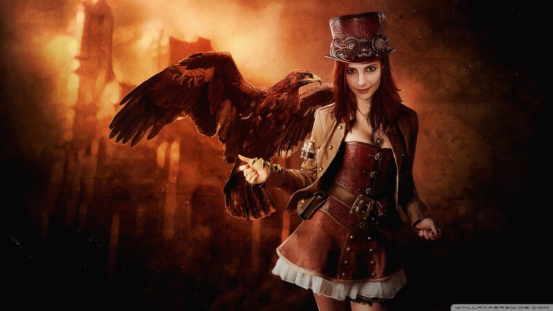 Woman with Falcon — Brown, Dramatic, Digital Art, Top Hat
