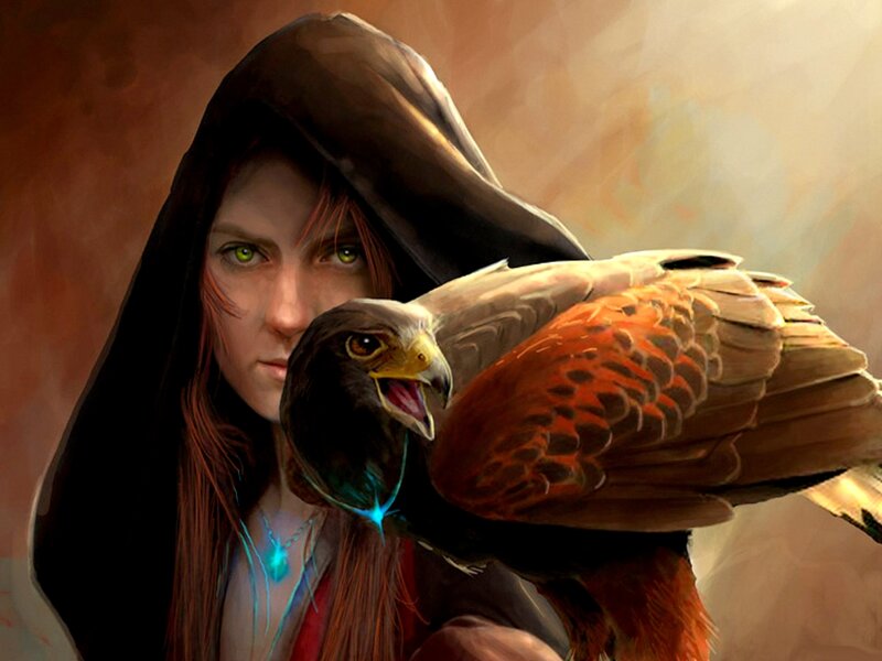 Woman with Falcon — Brown, Dramatic