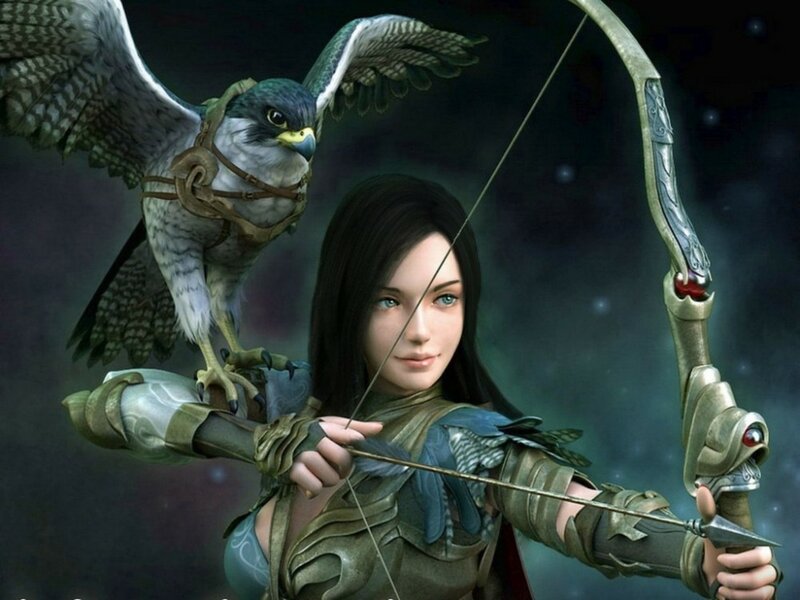 Woman with Falcon — Green, Dramatic