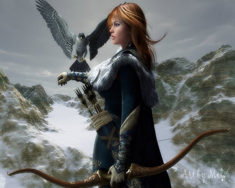 Woman with falcon in mountains