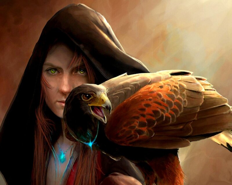woman with falcon on arm